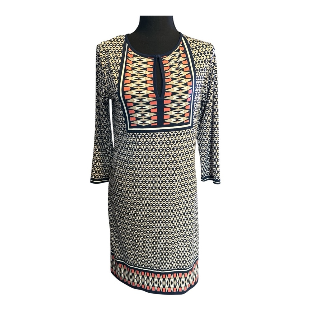 Max Studio Women Multi Color Geometric Print Shift Dress 3/4 Sleeve Size Small